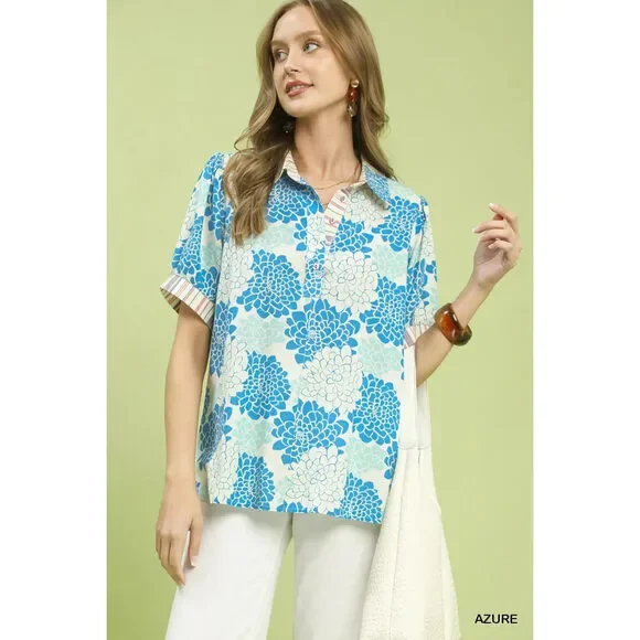 Umgee Floral Collared Short Sleeve Blouse - Picture 1 of 5